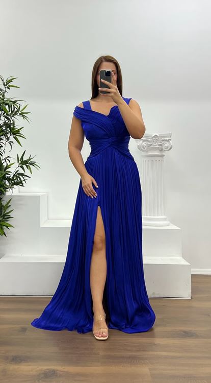 Saks Omuz Detay Piliseli Büyük Beden Abiye Elbise