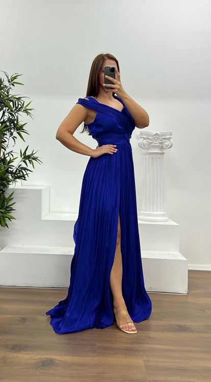 Saks Omuz Detay Piliseli Büyük Beden Abiye Elbise