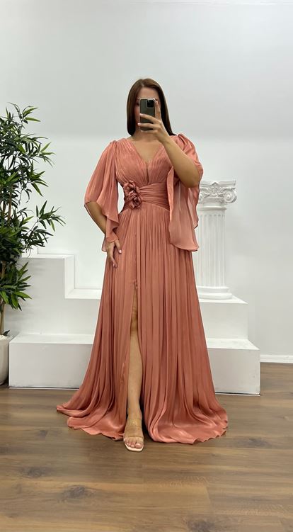 Onion Peel Pattern V Neck Waist Detail Pleated Plus Size Evening Dress