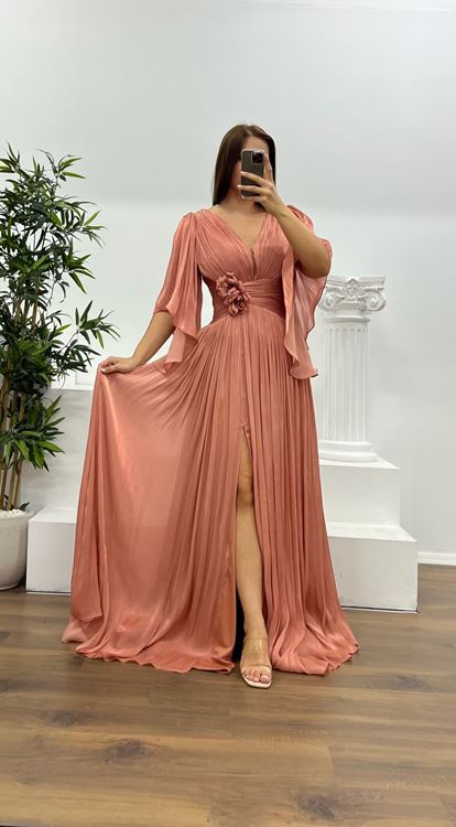 Onion Peel Pattern V Neck Waist Detail Pleated Plus Size Evening Dress