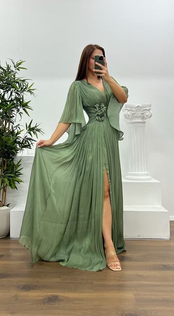 Olive V-Neck Waist Detail Pleated Plus Size Evening Dress