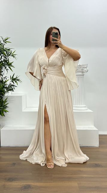 Tassel V Neck Waist Detail Pleated Plus Size Evening Dress