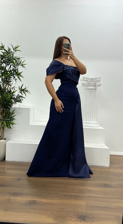 Lacıvert Tek Omuz Saten Detay Büyük Beden Abiye Elbise