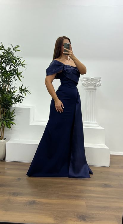 Lacıvert Tek Omuz Saten Detay Büyük Beden Abiye Elbise