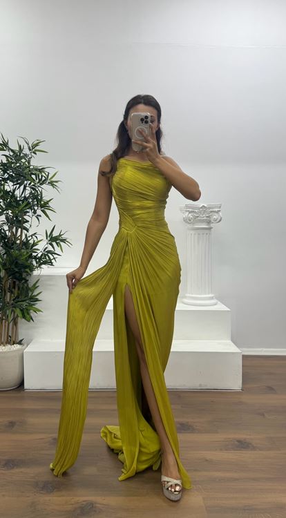 Yağ Yeşili Tek Omuz Drape Detay Şifon Abiye Elbise