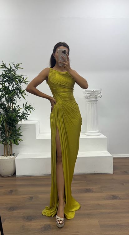 Yağ Yeşili Tek Omuz Drape Detay Şifon Abiye Elbise