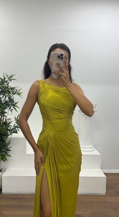 Yağ Yeşili Tek Omuz Drape Detay Şifon Abiye Elbise