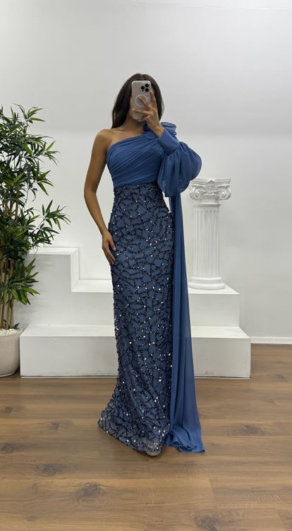 Indigo Single Sleeve Embroidered Detail Evening Dress