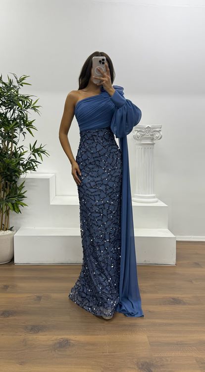 Indigo Single Sleeve Embroidered Detail Evening Dress