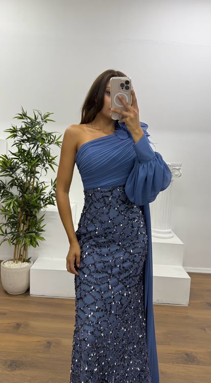 Indigo Single Sleeve Embroidered Detail Evening Dress