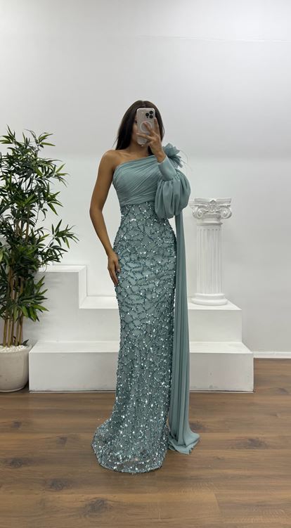 Mint Tek Kol İşleme Detay Abiye Elbise