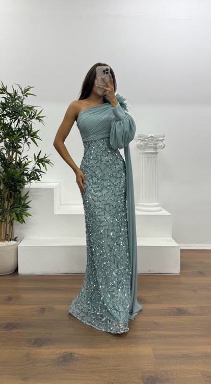 Mint Tek Kol İşleme Detay Abiye Elbise