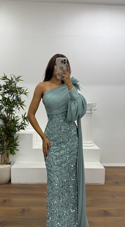 Mint Tek Kol İşleme Detay Abiye Elbise