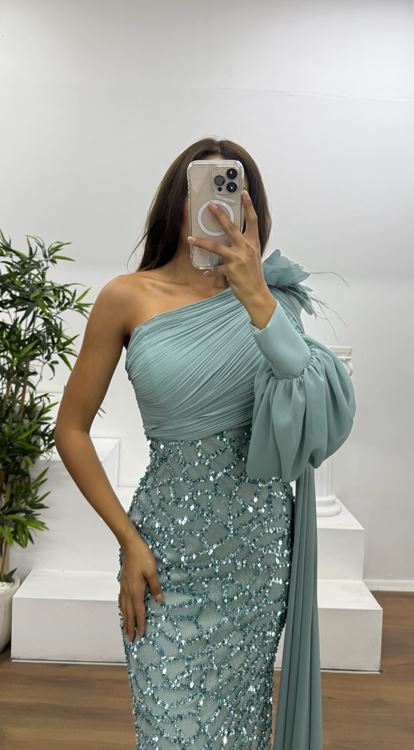 Mint Tek Kol İşleme Detay Abiye Elbise