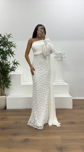 Bone Single Sleeve Embroidered Detail Evening Dress