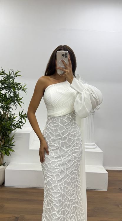 Kemik Tek Kol İşleme Detay Abiye Elbise