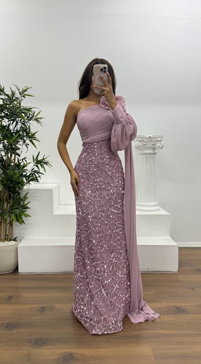 Pudra Tek Kol İşleme Detay Abiye Elbise