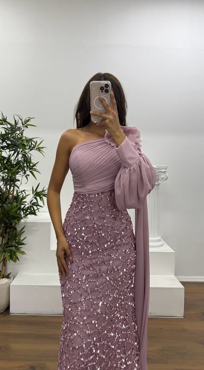 Pudra Tek Kol İşleme Detay Abiye Elbise