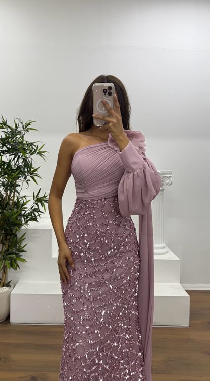 Pudra Tek Kol İşleme Detay Abiye Elbise