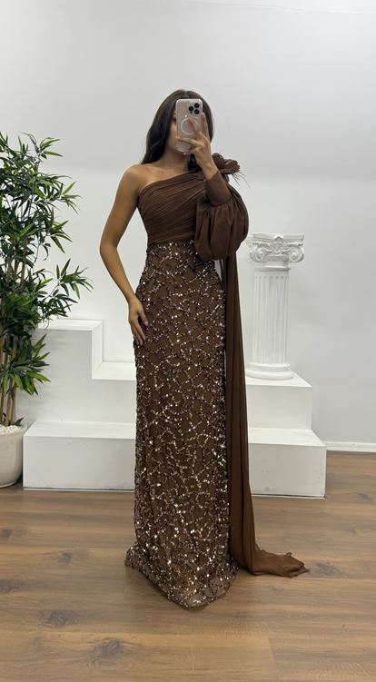 Kahve Tek Kol İşleme Detay Abiye Elbise