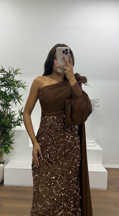 Kahve Tek Kol İşleme Detay Abiye Elbise