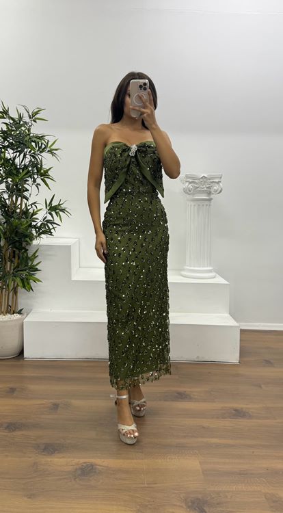 Haki Fiyonk Detay Midi Boy Abiye Elbise