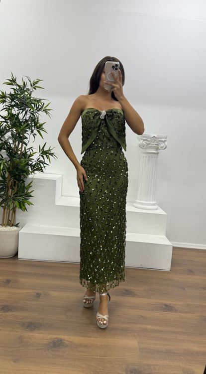 Haki Fiyonk Detay Midi Boy Abiye Elbise