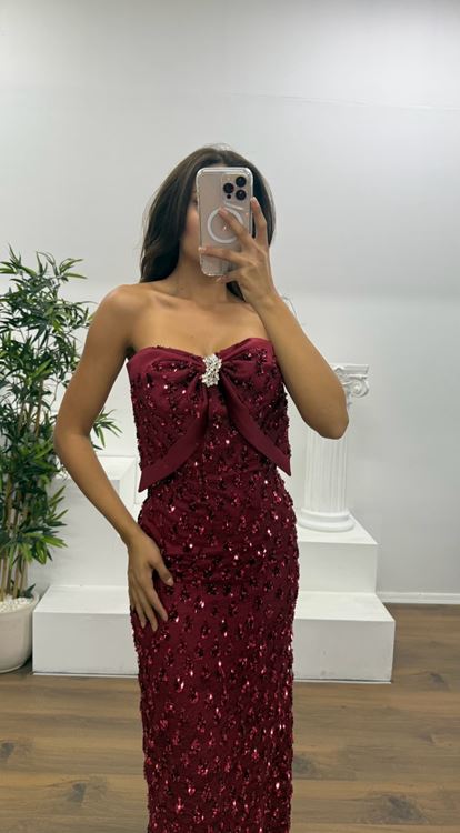 Bordo Fiyonk Detay Midi Boy Abiye Elbise