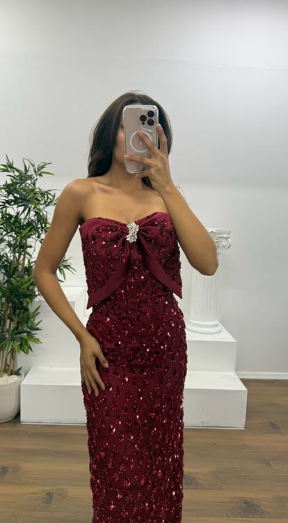 Bordo Fiyonk Detay Midi Boy Abiye Elbise