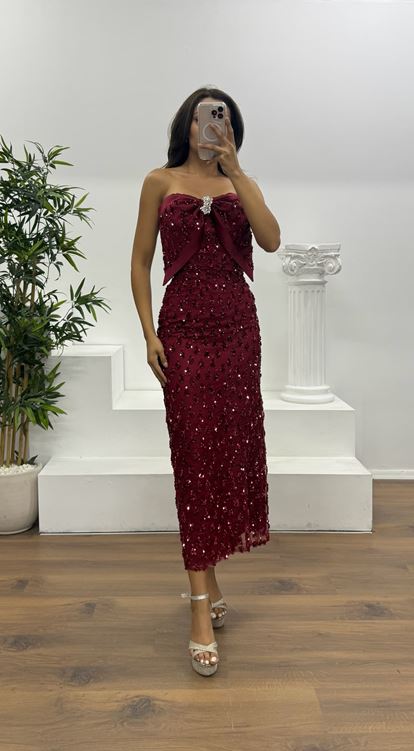 Bordo Fiyonk Detay Midi Boy Abiye Elbise