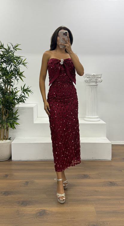 Bordo Fiyonk Detay Midi Boy Abiye Elbise