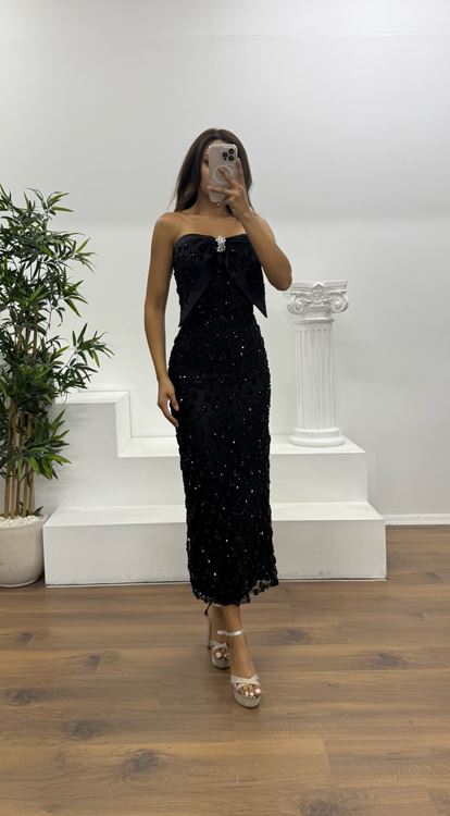 Siyah Fiyonk Detay Midi Boy Abiye Elbise