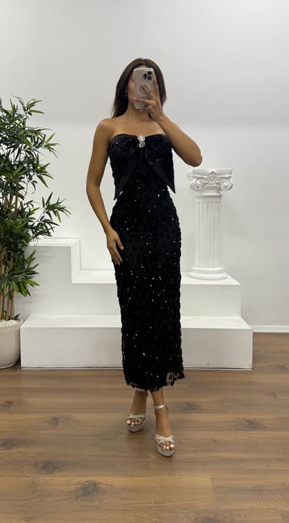 Siyah Fiyonk Detay Midi Boy Abiye Elbise