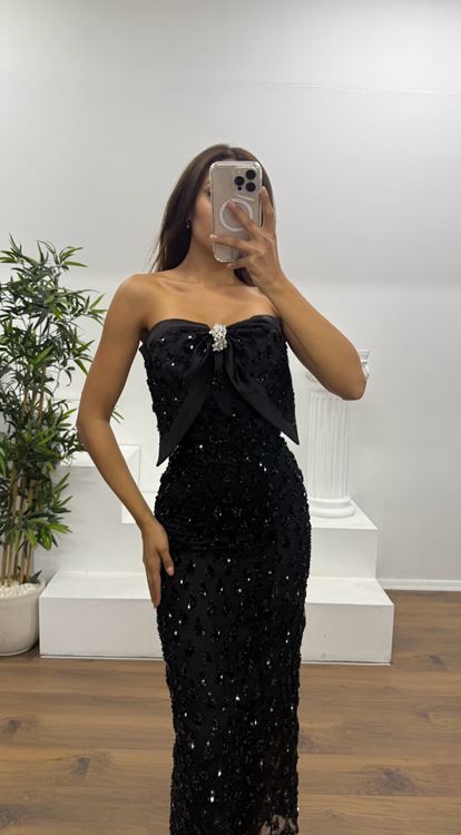 Siyah Fiyonk Detay Midi Boy Abiye Elbise