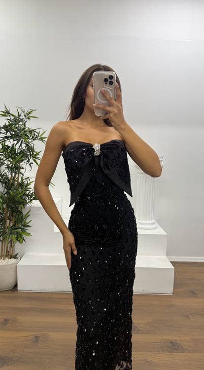 Siyah Fiyonk Detay Midi Boy Abiye Elbise