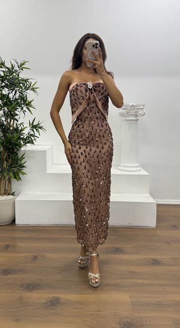 Midi-Abendkleid mit Kupferschleife