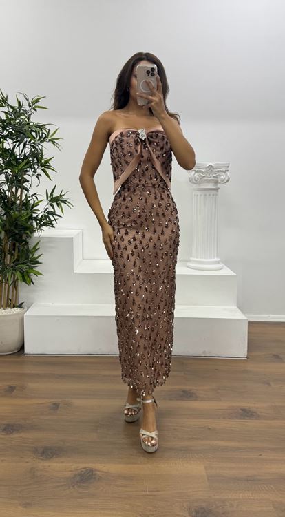 Bakır Fiyonk Detay Midi Boy Abiye Elbise