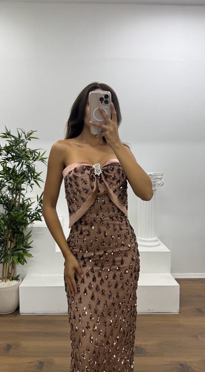 Bakır Fiyonk Detay Midi Boy Abiye Elbise