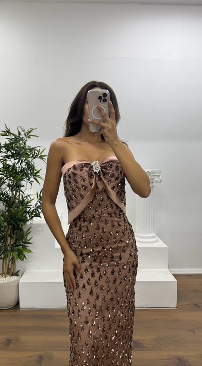 Bakır Fiyonk Detay Midi Boy Abiye Elbise