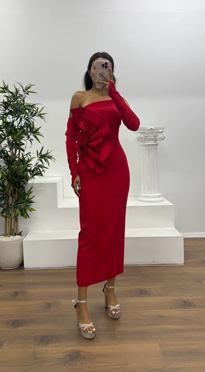 Kırmızı Straplez Eldivenli Midi Boy Abiye Elbise