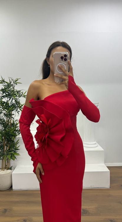 Kırmızı Straplez Eldivenli Midi Boy Abiye Elbise