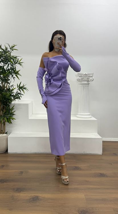 Lila Straplez Eldivenli Midi Boy Abiye Elbise