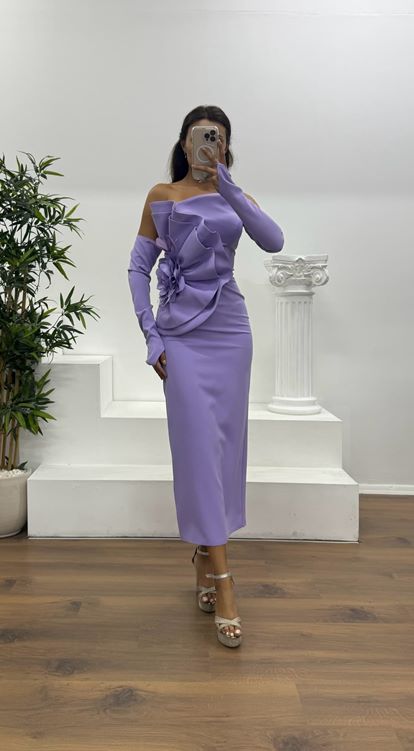 Lila Straplez Eldivenli Midi Boy Abiye Elbise