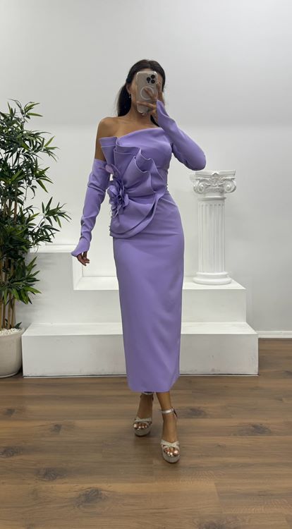 Lila Straplez Eldivenli Midi Boy Abiye Elbise