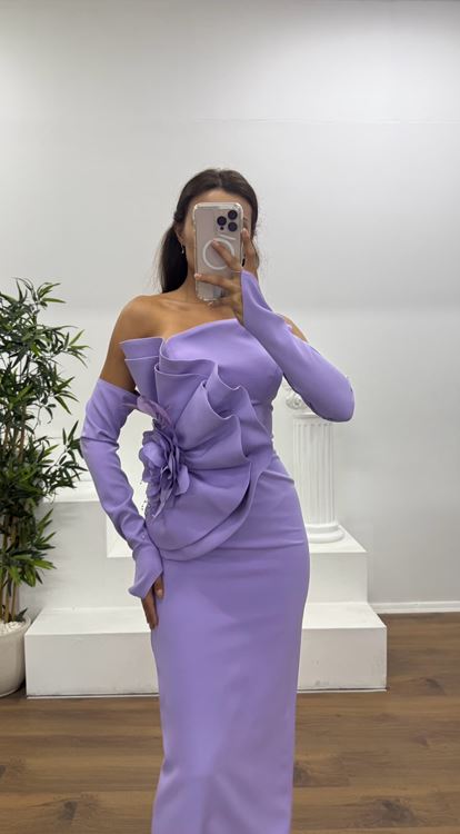 Lila Straplez Eldivenli Midi Boy Abiye Elbise