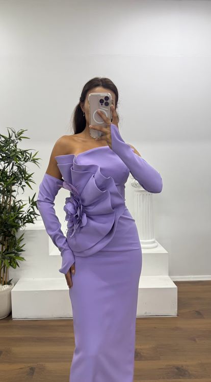 Lila Straplez Eldivenli Midi Boy Abiye Elbise