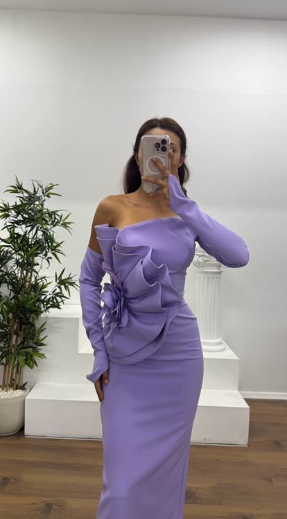 Lila Straplez Eldivenli Midi Boy Abiye Elbise