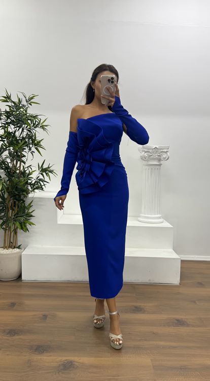 Saks Straplez Eldivenli Midi Boy Abiye Elbise