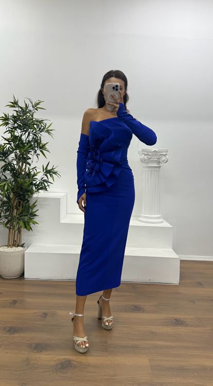 Saks Straplez Eldivenli Midi Boy Abiye Elbise