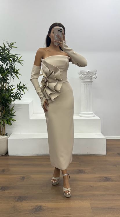 Gold Straplez Eldivenli Midi Boy Abiye Elbise